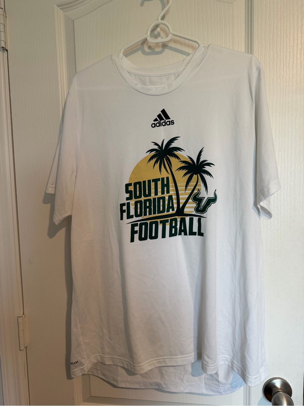 adidas White Tee with Green and Gold South Florida Football Graphic